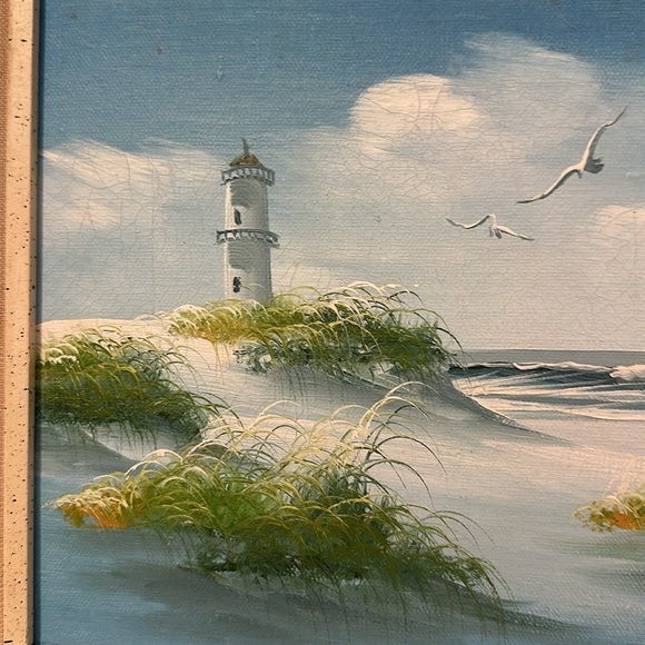 Vintage Signed Betty Moore Framed Oil on Canvas Painting Lighthouse Seascape - Picture 4 of 6